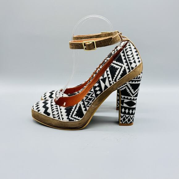 Schuler & Sons Shoes Womens 7.5 Black White Geometric Chunky Heels Anthropologie - Picture 5 of 12